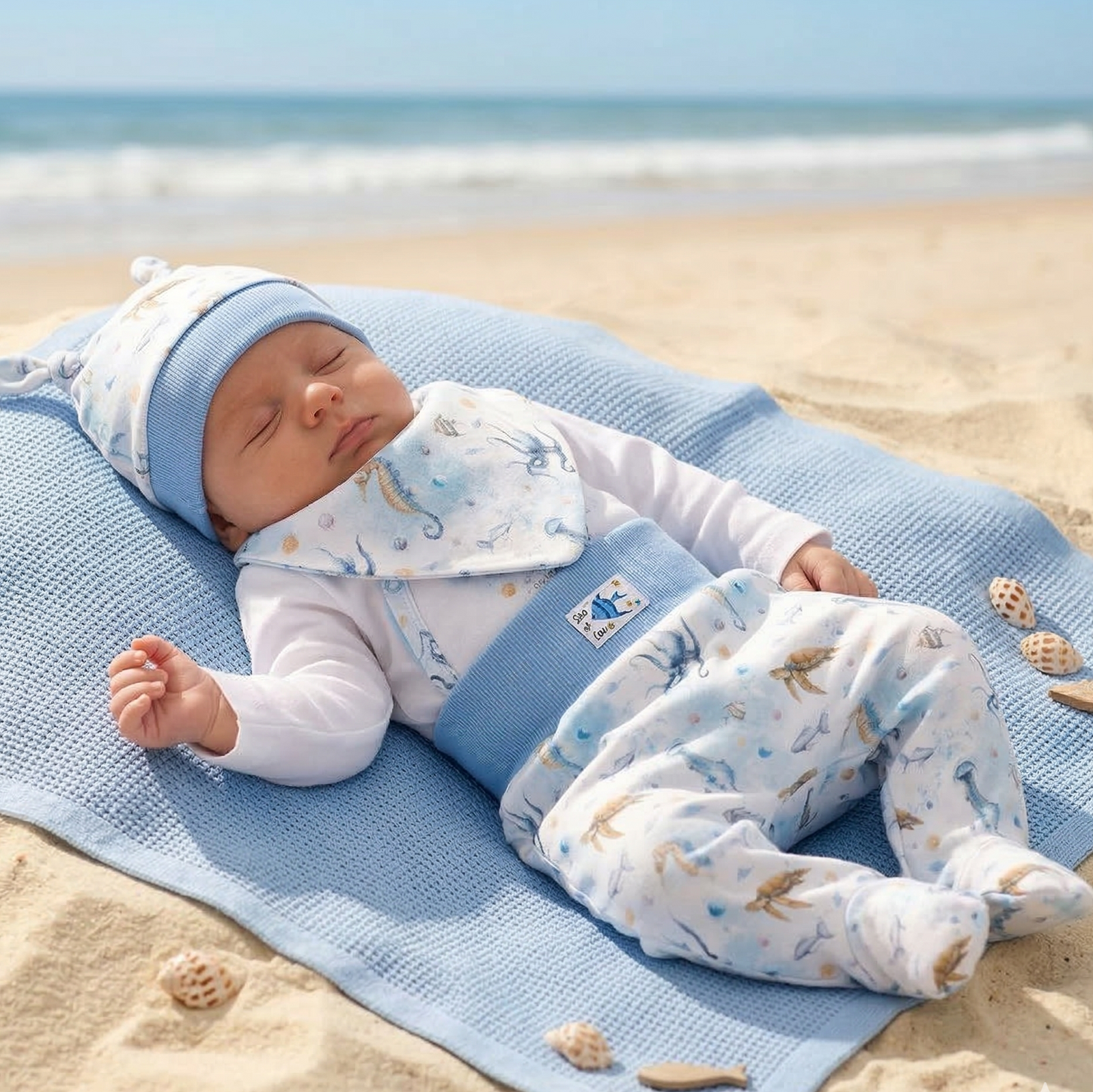 Conjunto Bebé SEA OF JOY Body + Mameluco + Gorro + Pañuelito