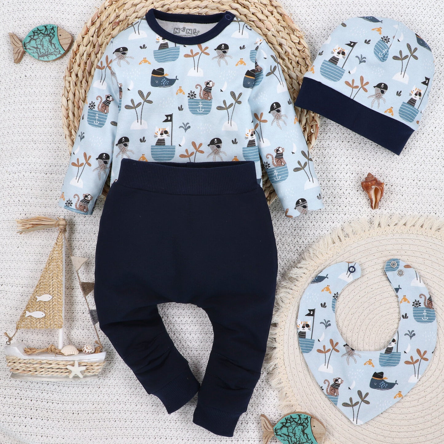 Conjunto 4 piezas Piratas bebé orgánico NINI tallas 6-18m