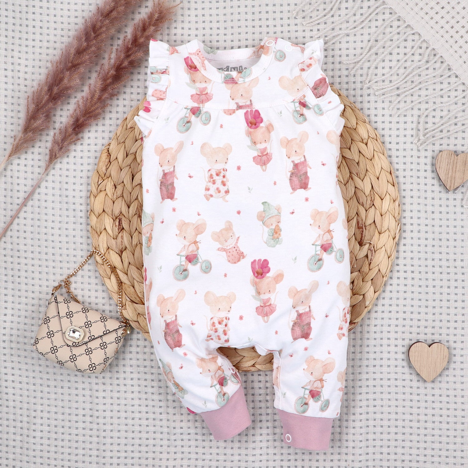 Mameluco bebé Pequeños Ratones algodón orgánico napy hombro